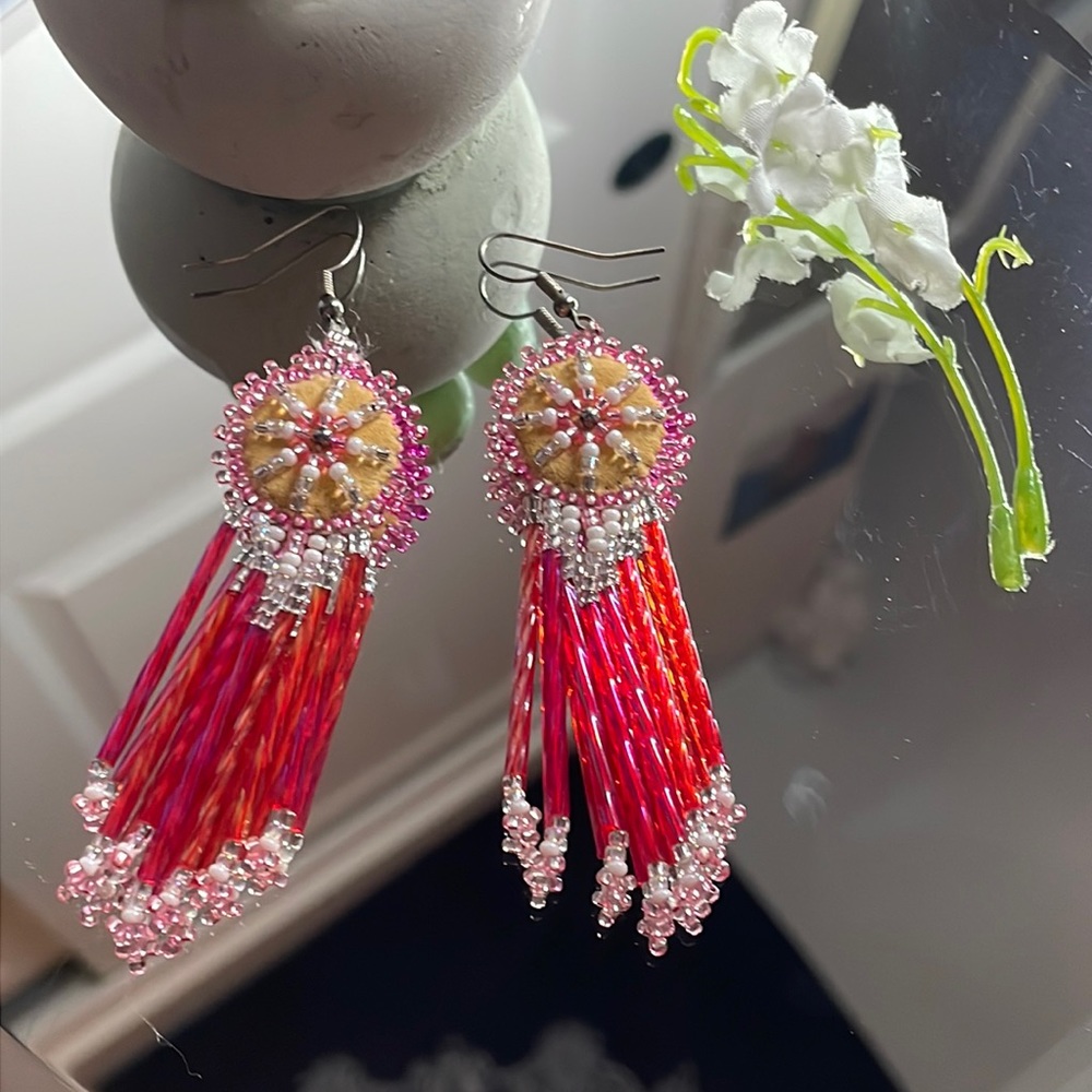 Coral and Pink Hand Made Dream Catcher Earings